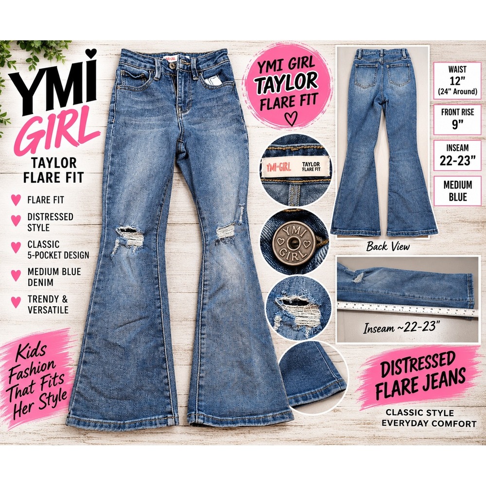 YMI Girl Taylor Flare Fit Distressed Medium Blue Denim Jeans Girls Size 7/8